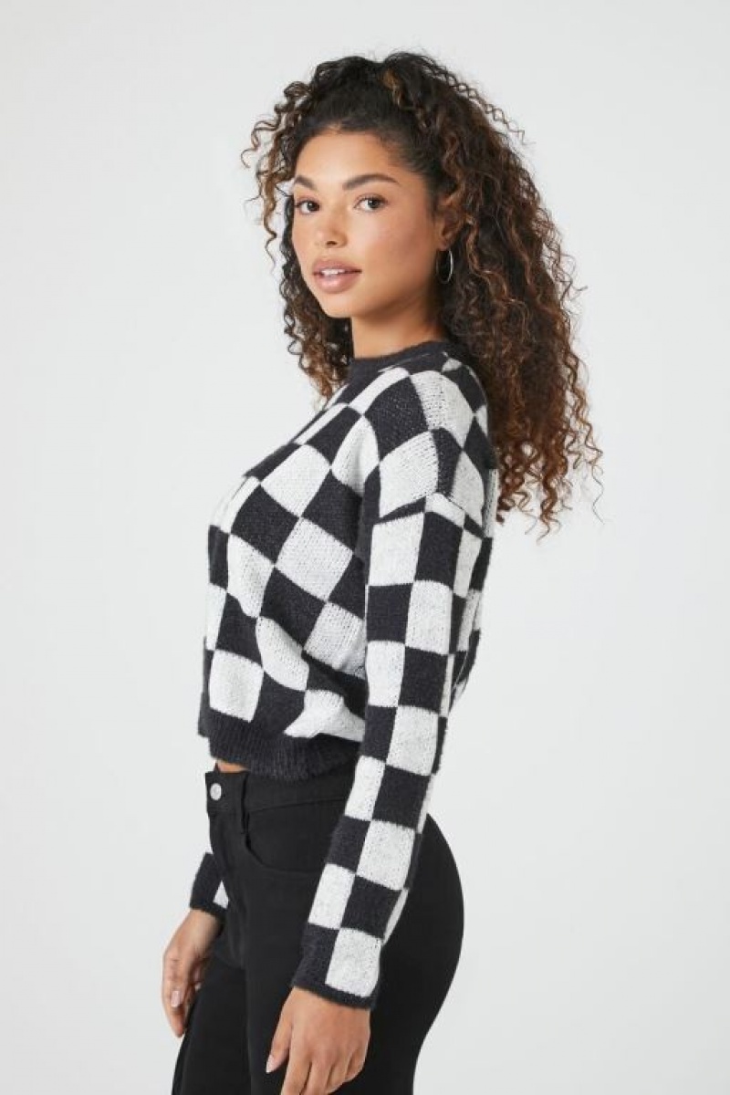 Suéteres Forever 21 Checkered Cropped Mujer Negras Creme | mz0wZaISGoq