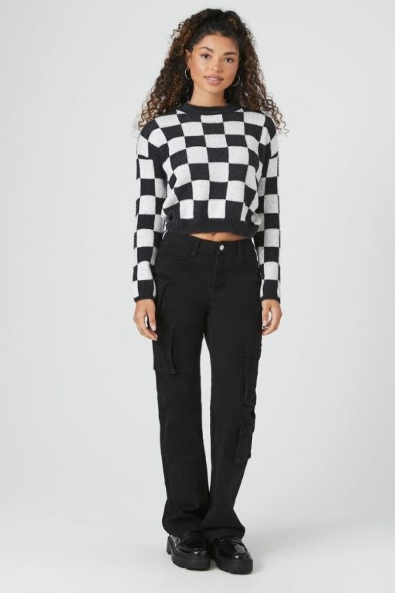 Suéteres Forever 21 Checkered Cropped Mujer Negras Creme | mz0wZaISGoq