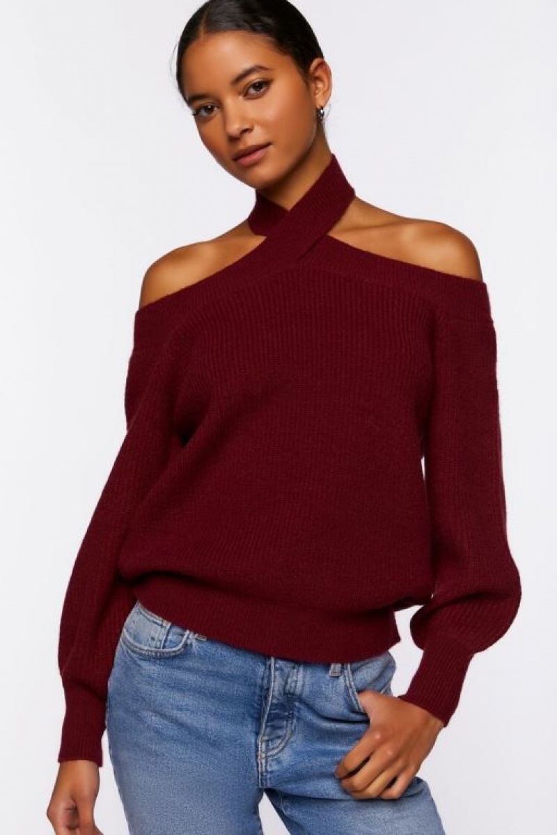 Suéteres Forever 21 Crisscross Off The Shoulder Mujer Burdeos | UjEIQqQM8vp