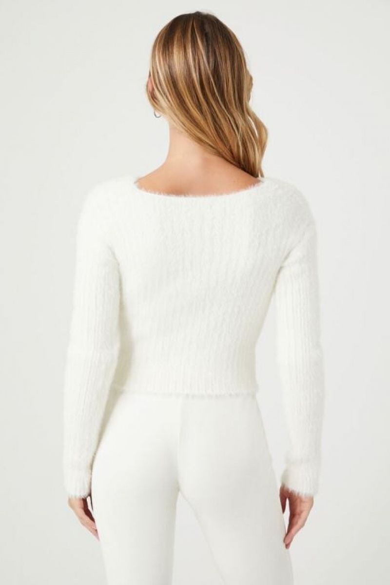 Suéteres Forever 21 Cropped Fuzzy Knit Mujer Blancas | kII99nZDGJB