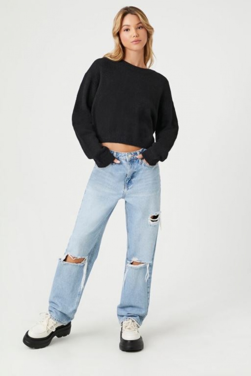 Suéteres Forever 21 Cropped Fuzzy Knit Mujer Negras | BxOlVtEIMJ8