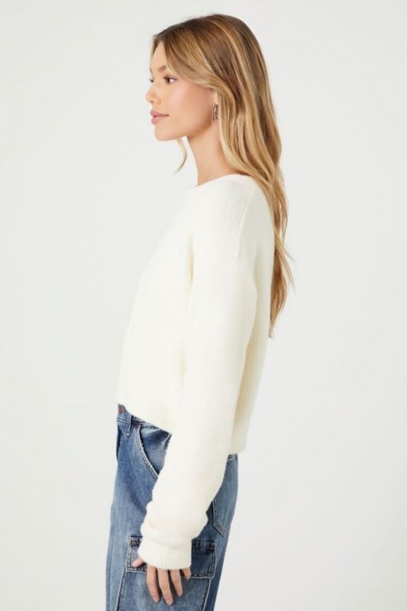 Suéteres Forever 21 Cropped Fuzzy Knit Mujer Creme | 1HNizUaJGo2