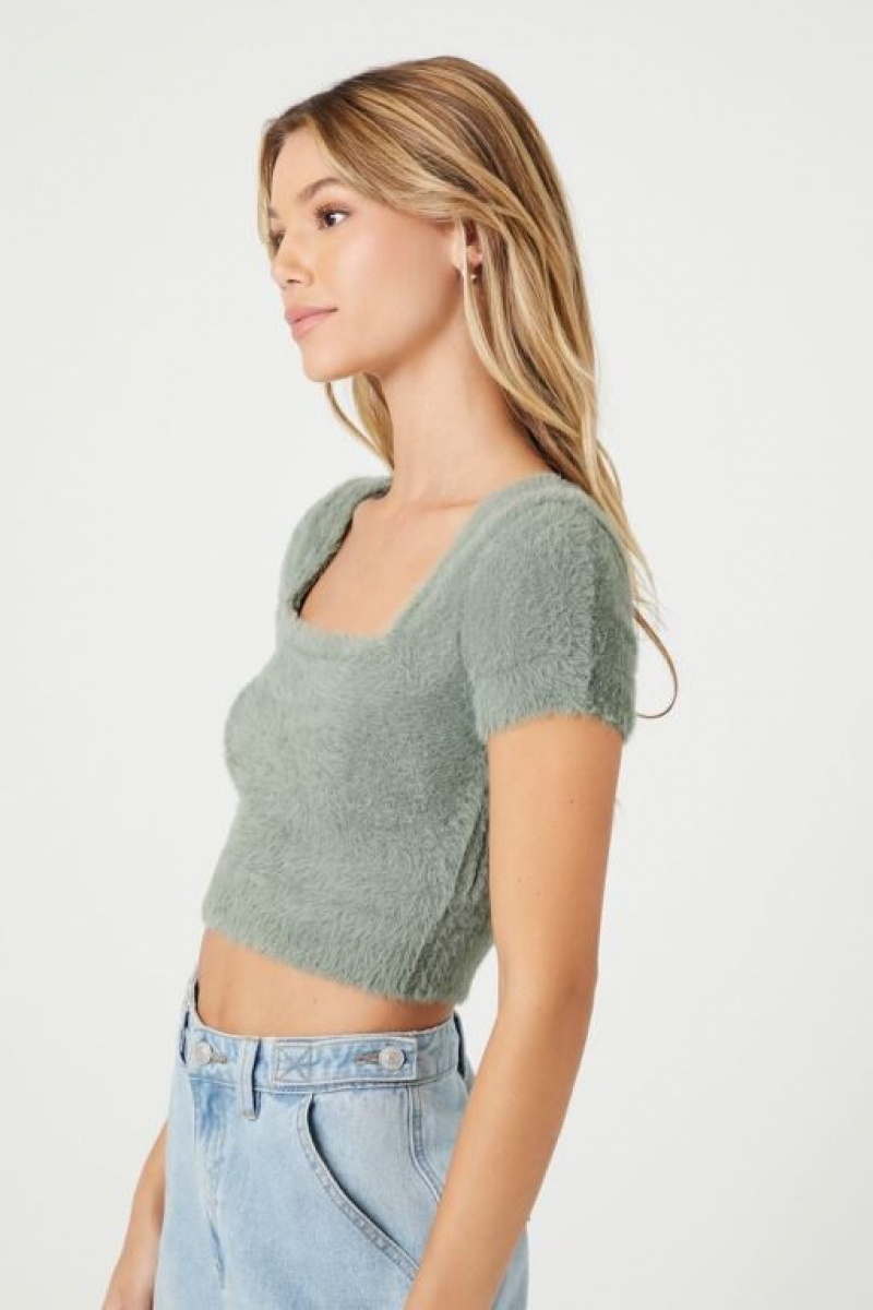 Suéteres Forever 21 Cropped Fuzzy Knit Mujer Verde | r5HMzXCe8a6