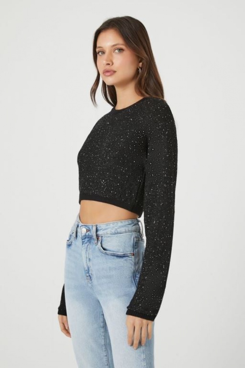 Suéteres Forever 21 Cropped Glitter Knit Mujer Negras | E2QhDTFPuNb