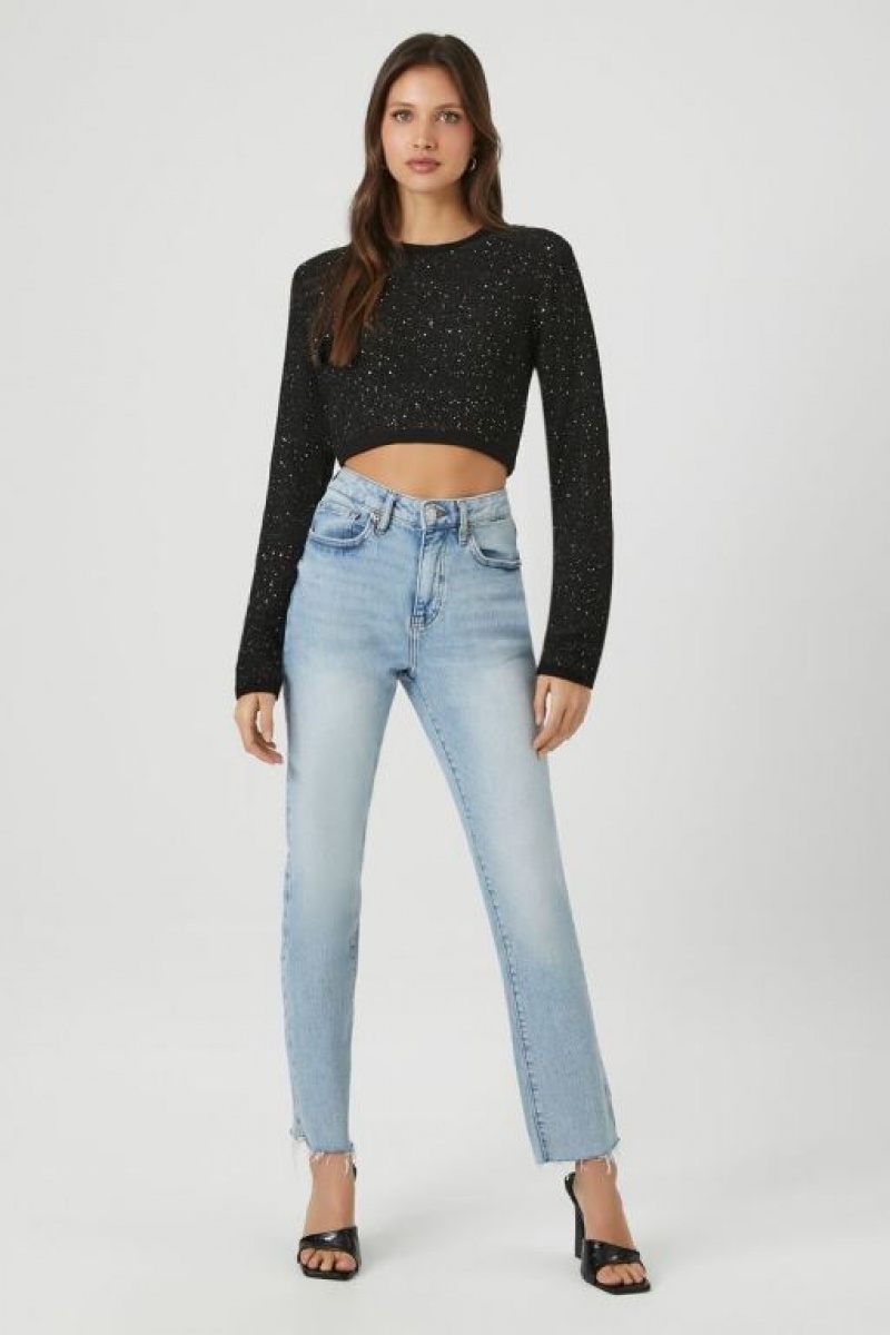 Suéteres Forever 21 Cropped Glitter Knit Mujer Negras | E2QhDTFPuNb