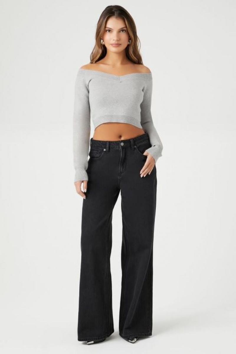 Suéteres Forever 21 Cropped Off The Shoulder Mujer Gris | 0o3frjZfHAj