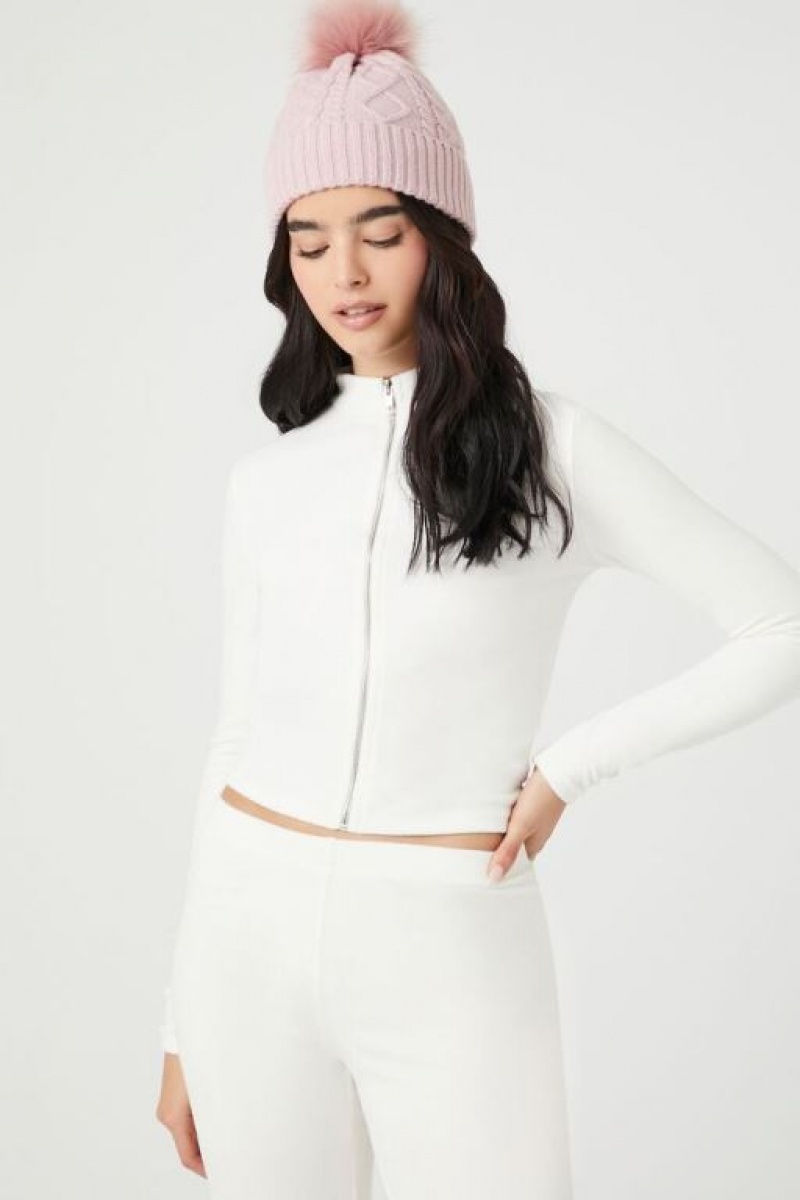 Suéteres Forever 21 Cropped Velour Zip Up Mujer Blancas | RXDw9qqgxRC