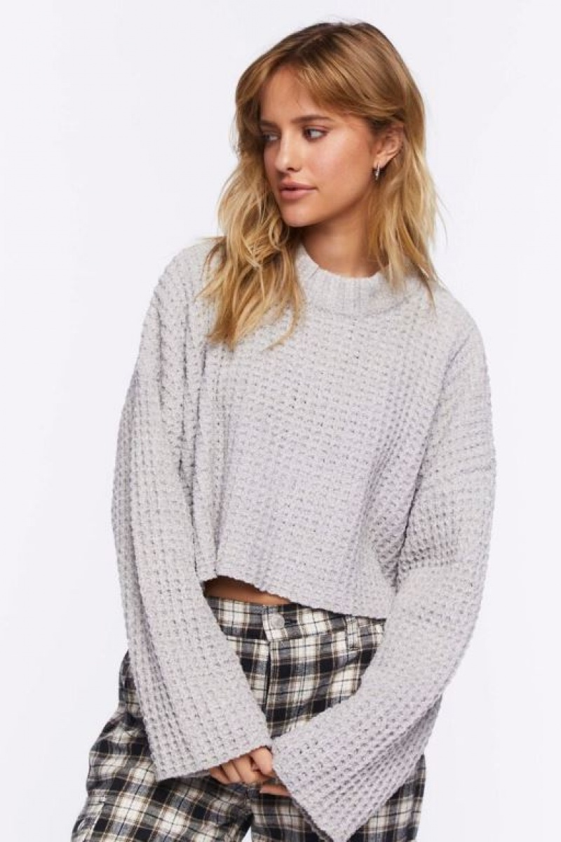 Suéteres Forever 21 Cropped Waffle Knit Mujer Gris | 4PLyF5lZR0y