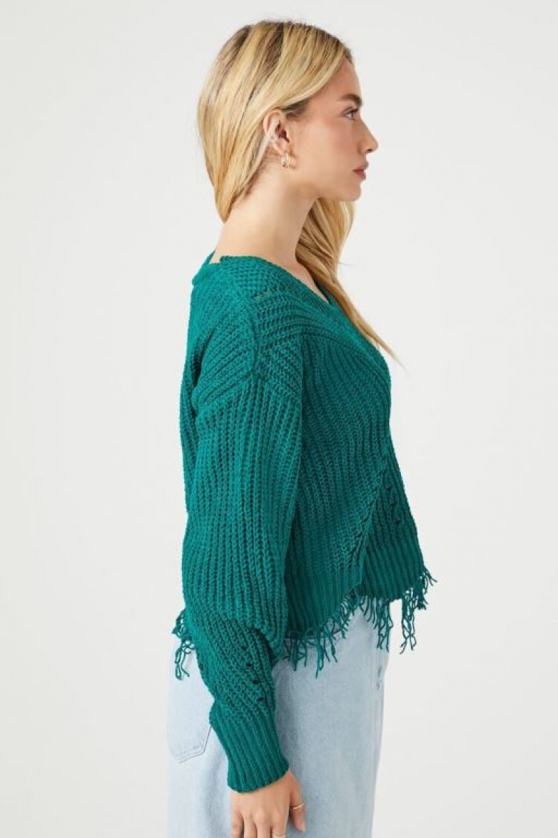 Suéteres Forever 21 Distressed Sharkbite Cutout Mujer Verde | 3bBpM73RVBT