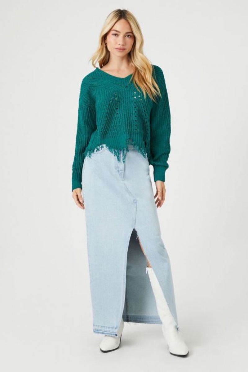 Suéteres Forever 21 Distressed Sharkbite Cutout Mujer Verde | 3bBpM73RVBT