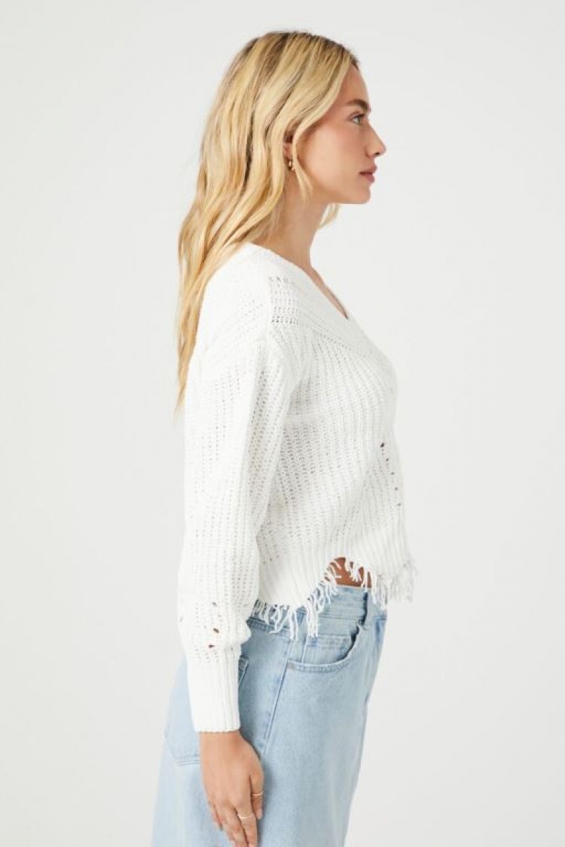 Suéteres Forever 21 Distressed Sharkbite Cutout Mujer Blancas | XHD2vqpZ9XI