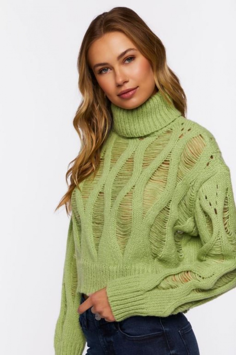 Suéteres Forever 21 Distressed Turtleneck Mujer Verde | P2CR7tdVpkt