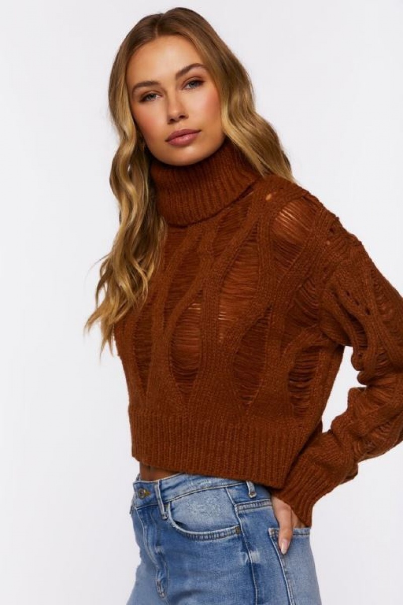 Suéteres Forever 21 Distressed Turtleneck Mujer Chocolate | 5lKOEbikM1J