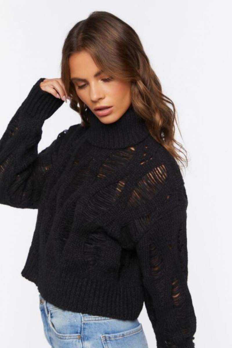 Suéteres Forever 21 Distressed Turtleneck Mujer Negras | KAmHSEcRLMJ