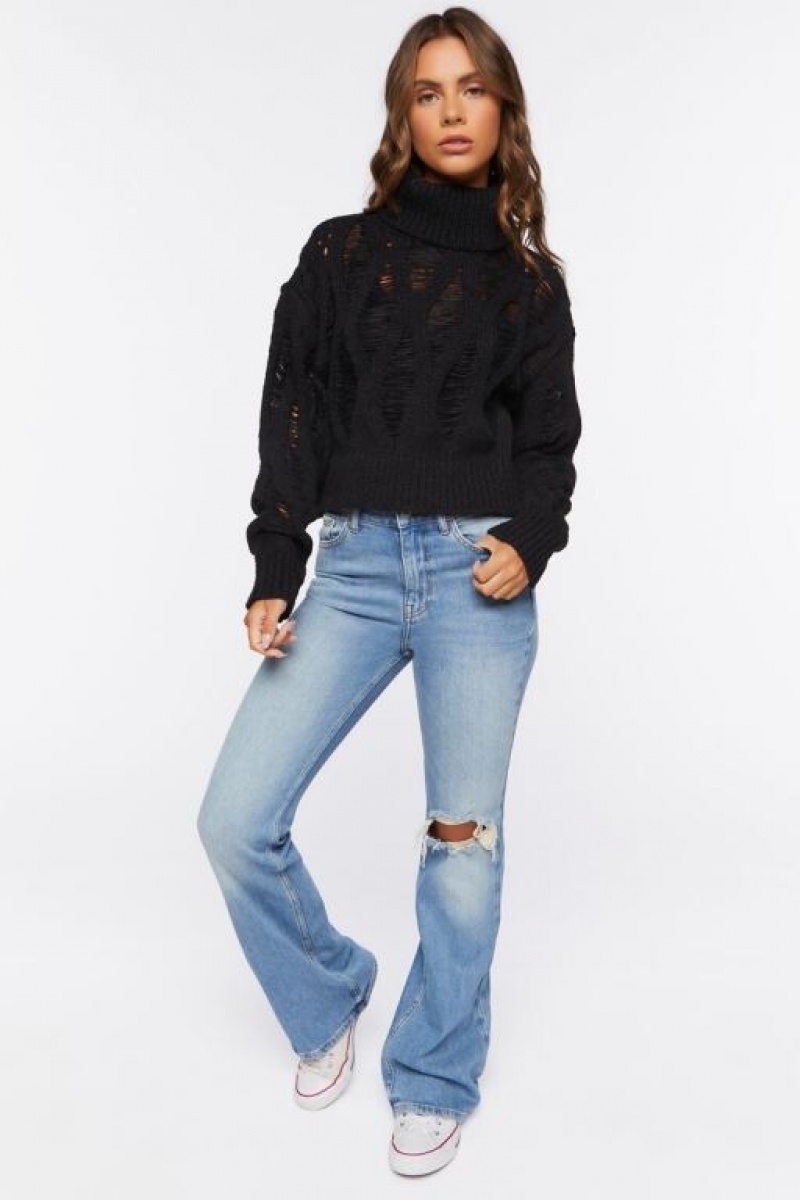 Suéteres Forever 21 Distressed Turtleneck Mujer Negras | KAmHSEcRLMJ