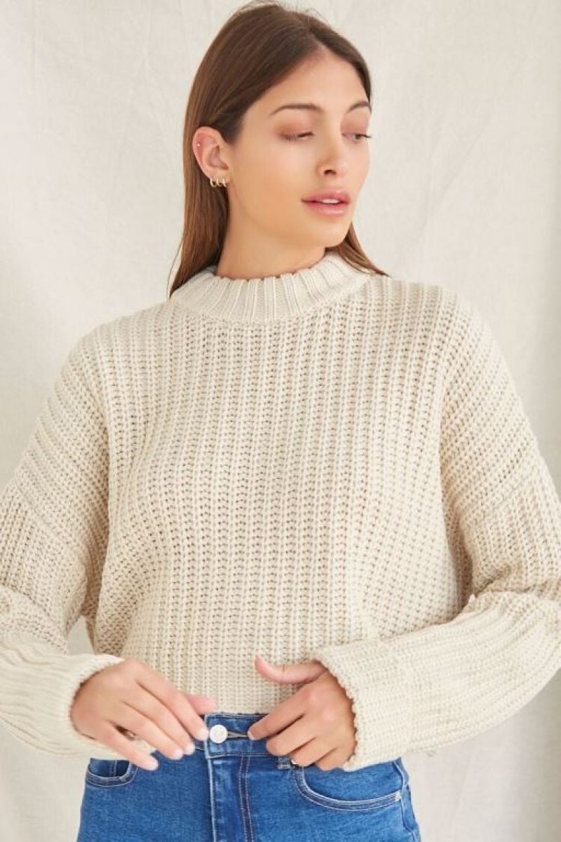 Suéteres Forever 21 Drop Sleeve Crew Mujer Beige | 6FgjG333hQZ