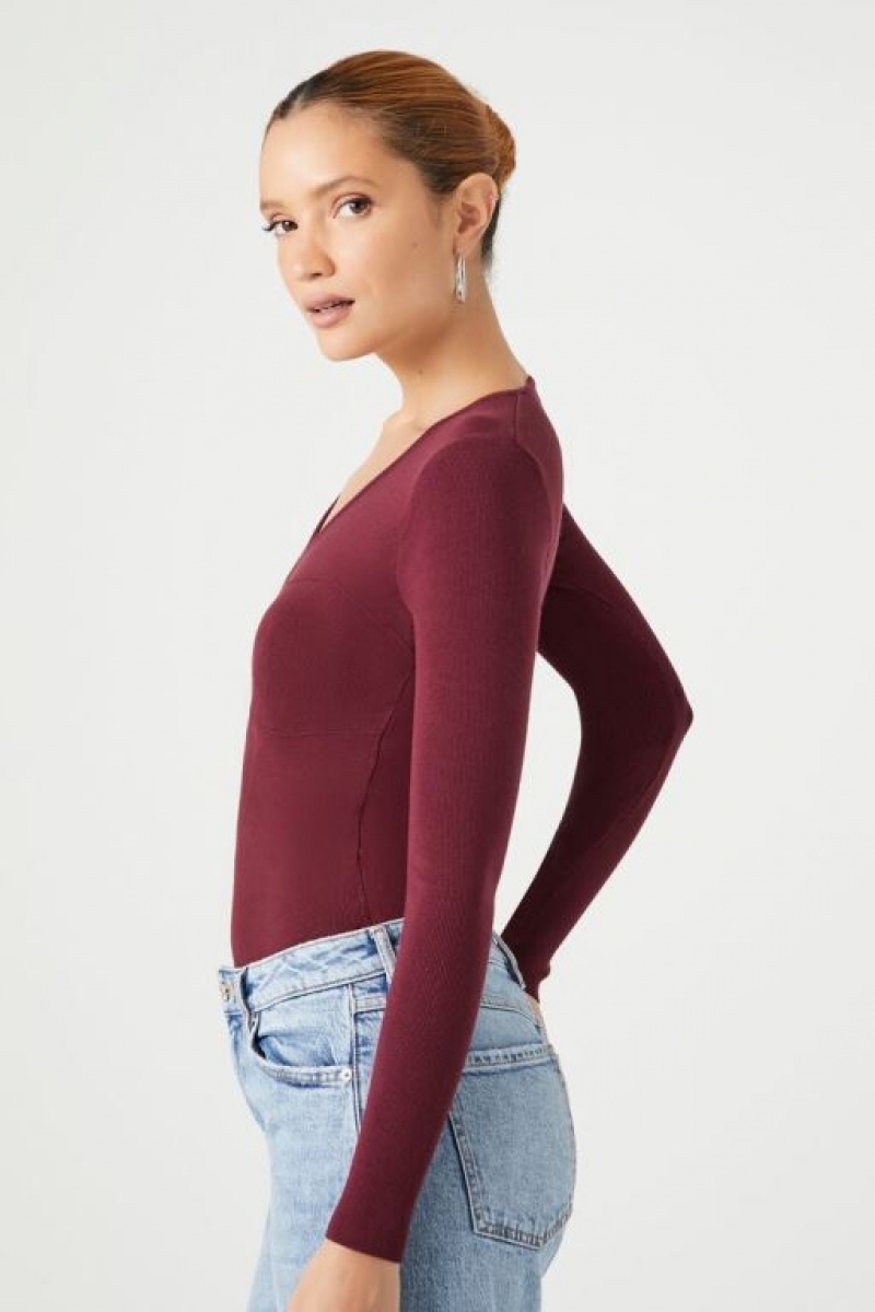 Suéteres Forever 21 Fitted Knit Bodysuit Mujer Burdeos | WTIYpj6jIWU