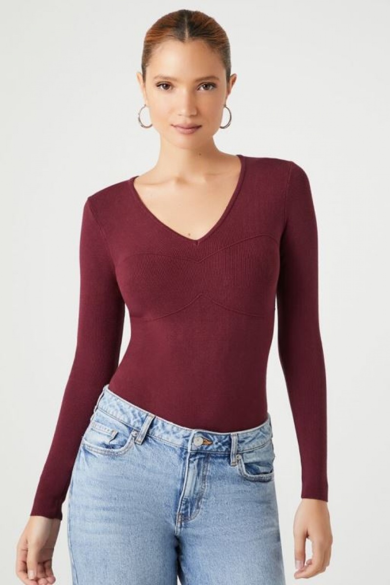 Suéteres Forever 21 Fitted Knit Bodysuit Mujer Burdeos | WTIYpj6jIWU