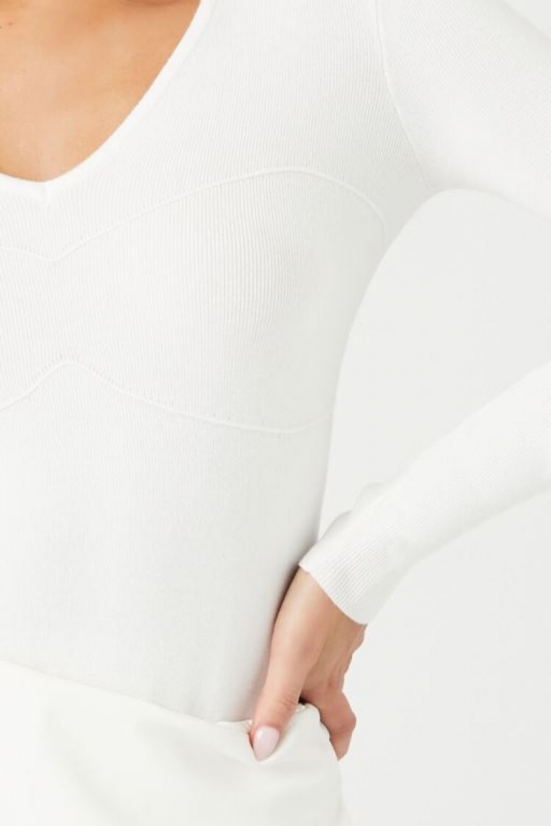 Suéteres Forever 21 Fitted Knit Bodysuit Mujer Blancas | HpN4uSKSkXQ