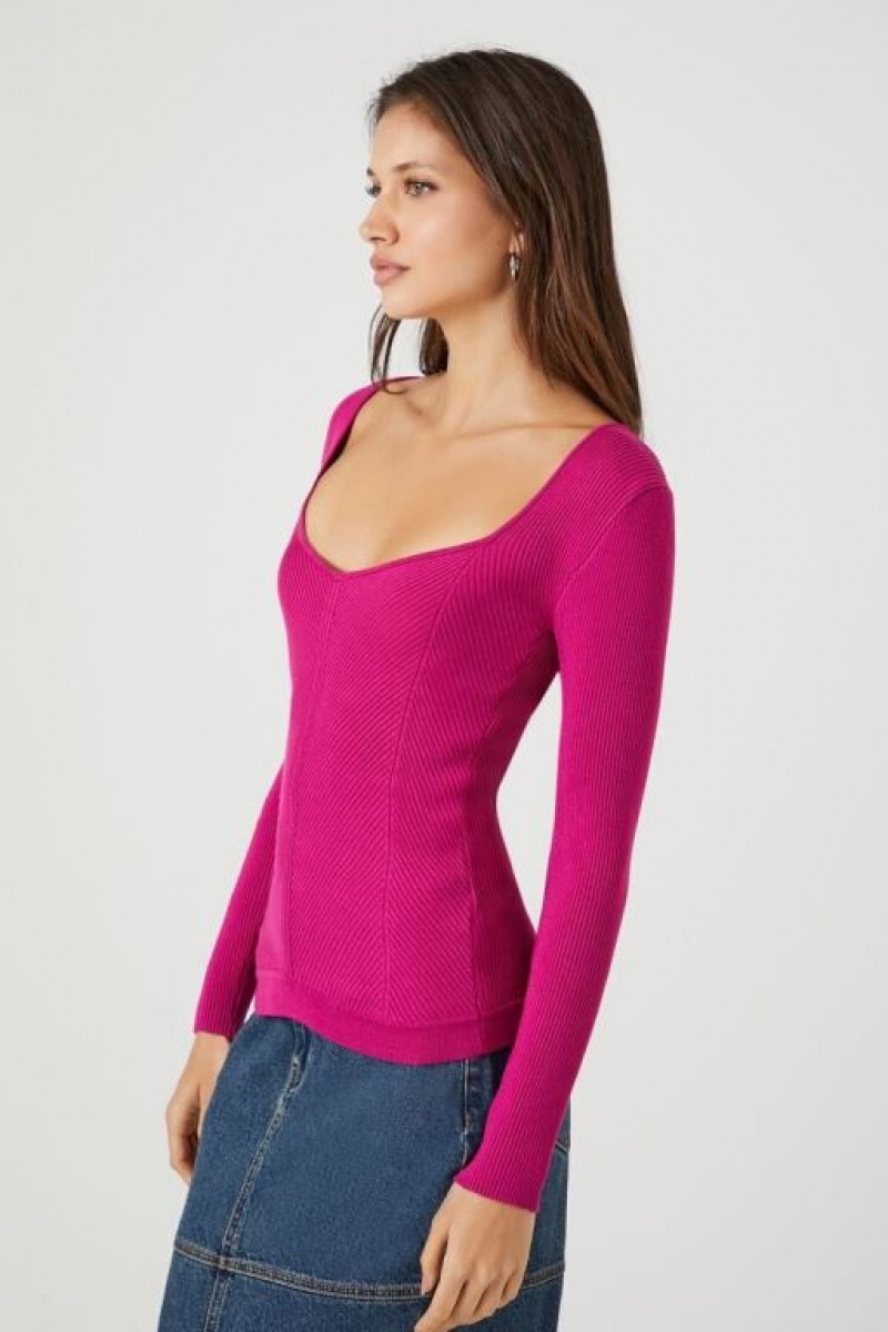 Suéteres Forever 21 Fitted Rib Knit Mujer Fucsia | hCtmNfvmQ5z