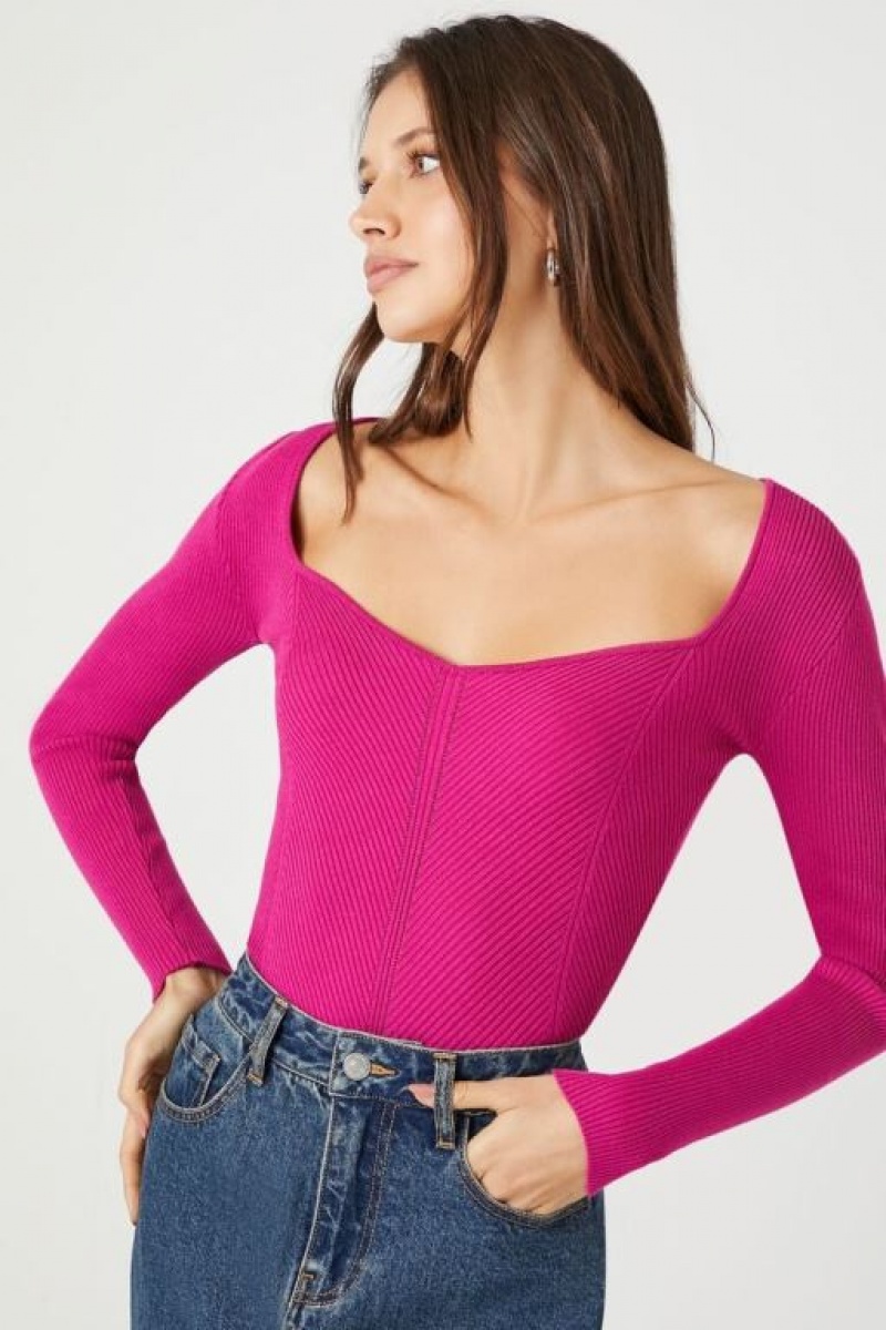 Suéteres Forever 21 Fitted Rib Knit Mujer Fucsia | hCtmNfvmQ5z