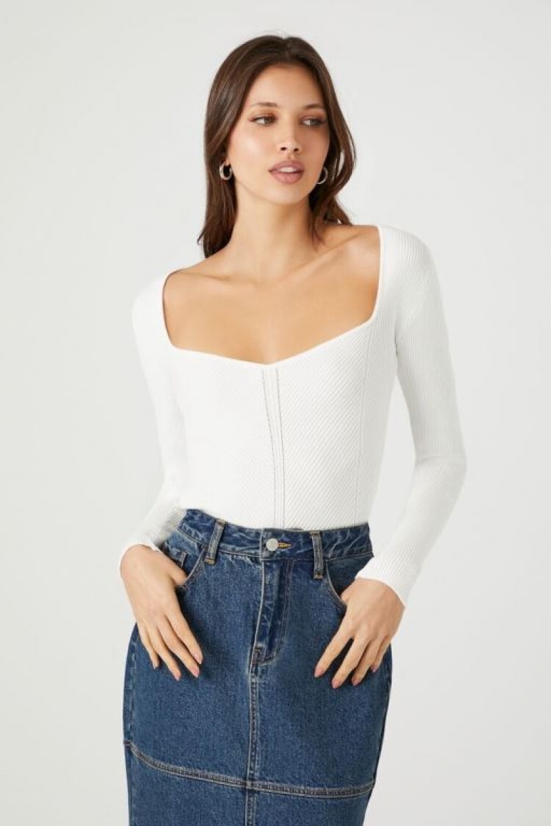 Suéteres Forever 21 Fitted Rib Knit Mujer Blancas | BvqFXMjDlNU