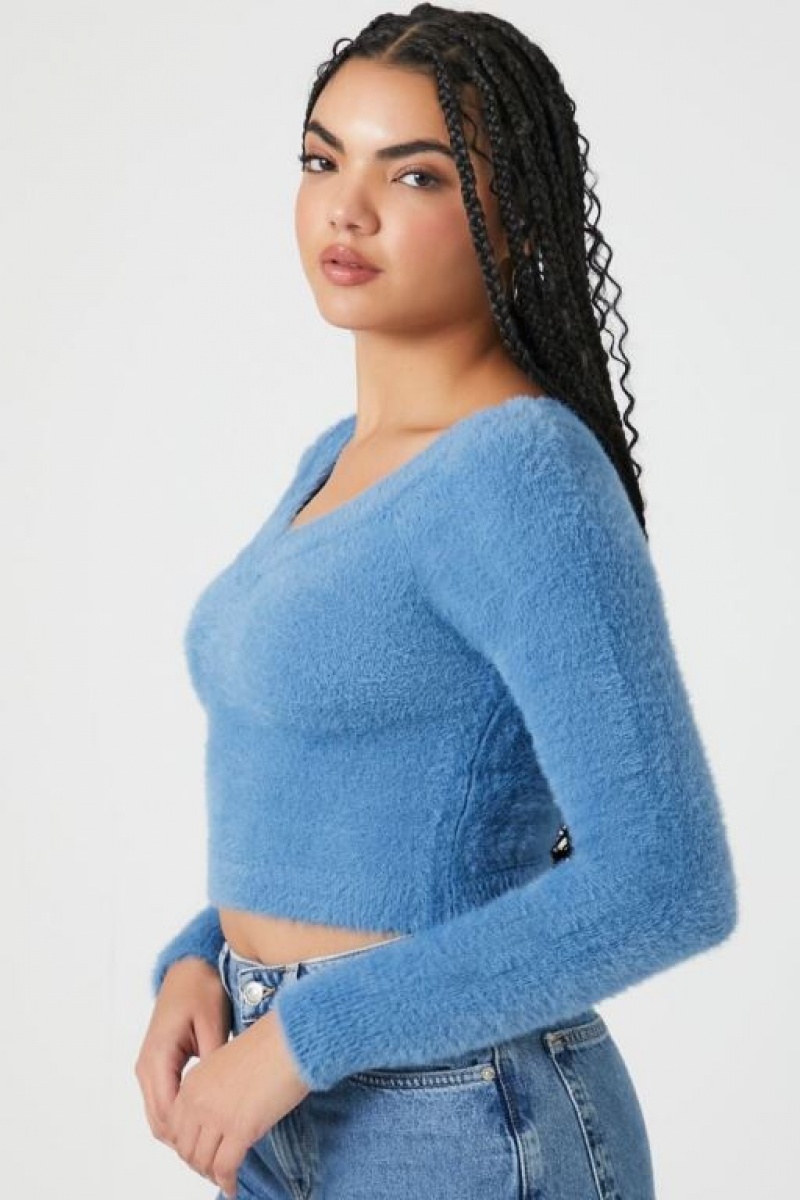 Suéteres Forever 21 Fuzzy Knit Cropped Mujer Azules | fG8RLB6Nu8i