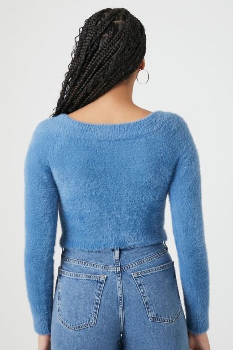 Suéteres Forever 21 Fuzzy Knit Cropped Mujer Azules | fG8RLB6Nu8i