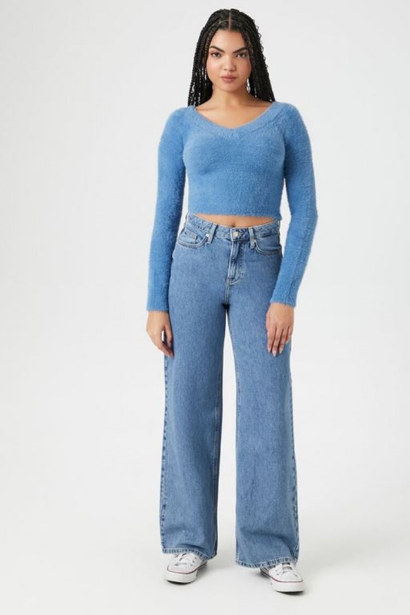 Suéteres Forever 21 Fuzzy Knit Cropped Mujer Azules | fG8RLB6Nu8i