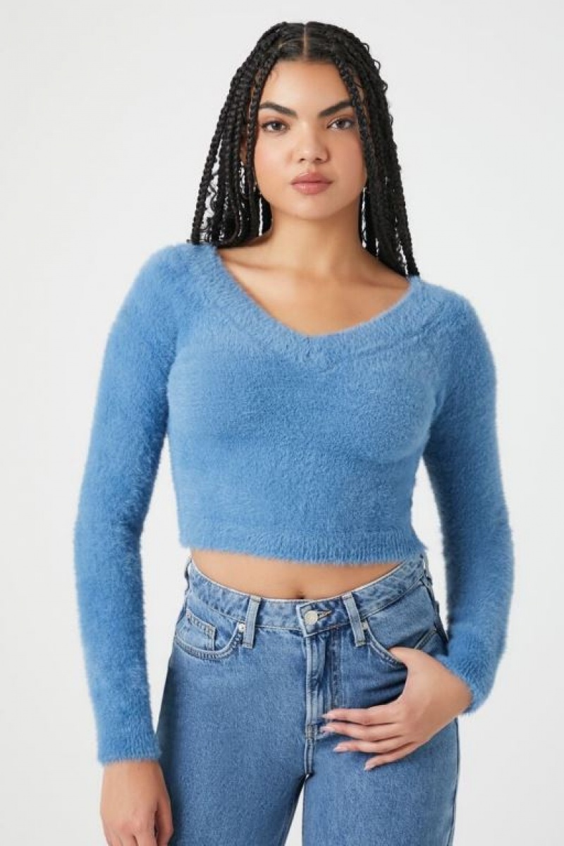 Suéteres Forever 21 Fuzzy Knit Cropped Mujer Azules | fG8RLB6Nu8i