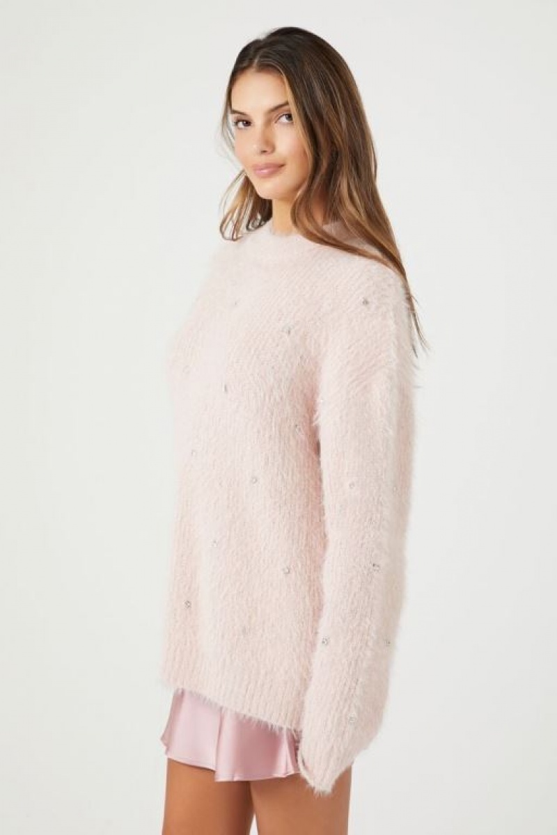 Suéteres Forever 21 Fuzzy Knit Rhinestone Mujer Rosas | vUPOwuL5Nmv