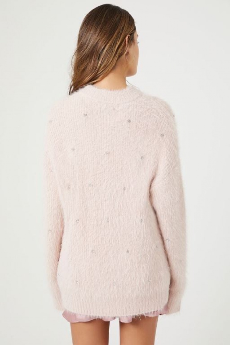 Suéteres Forever 21 Fuzzy Knit Rhinestone Mujer Rosas | vUPOwuL5Nmv