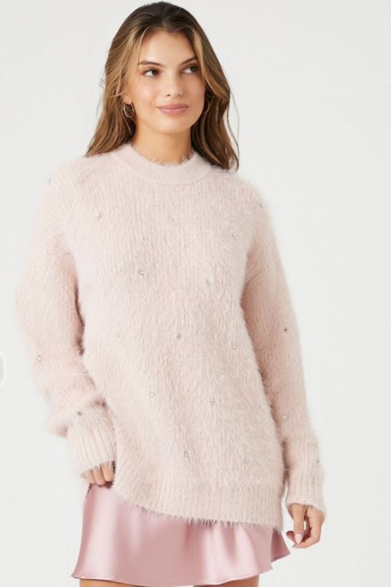 Suéteres Forever 21 Fuzzy Knit Rhinestone Mujer Rosas | vUPOwuL5Nmv