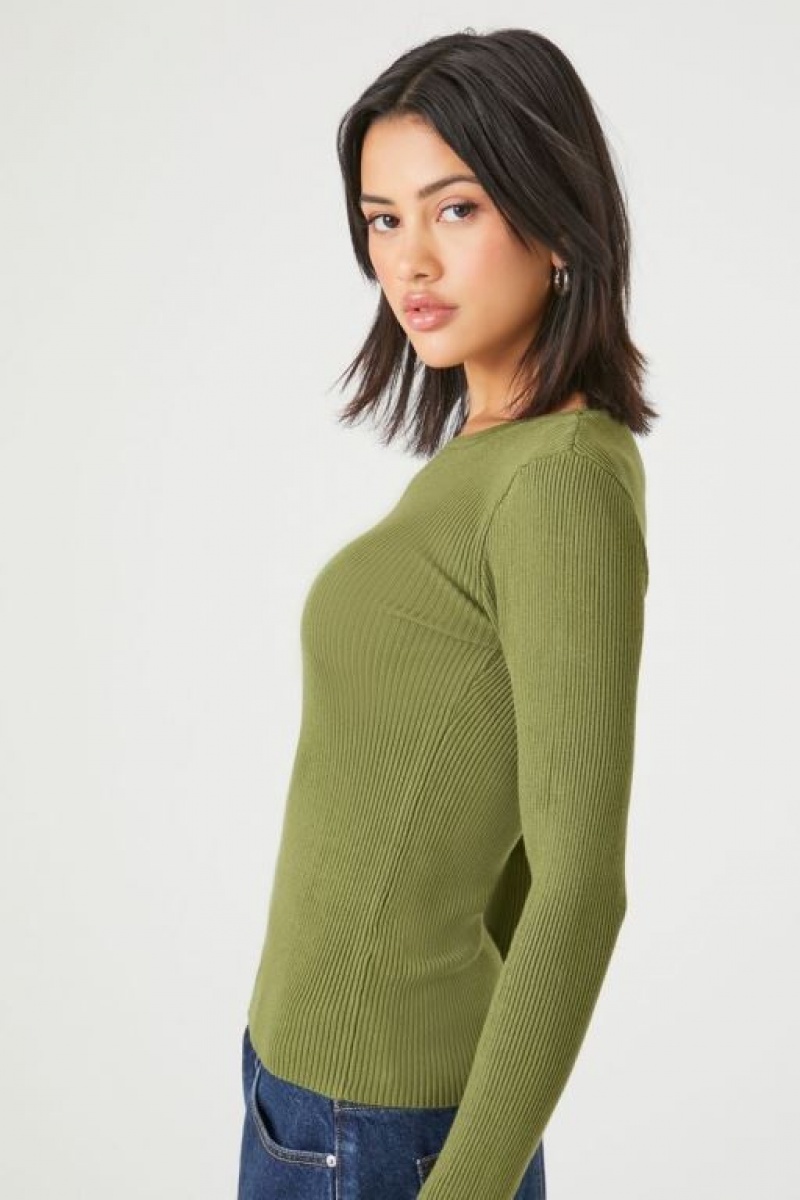 Suéteres Forever 21 Knit Long Sleeve Mujer Verde Oliva | pJP03uRmpVs