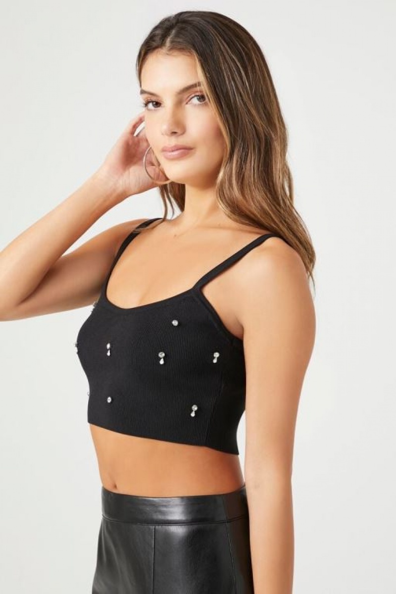 Suéteres Forever 21 Knit Rhinestone Cropped Cami Mujer Negras | DoI9UdJ9qrF