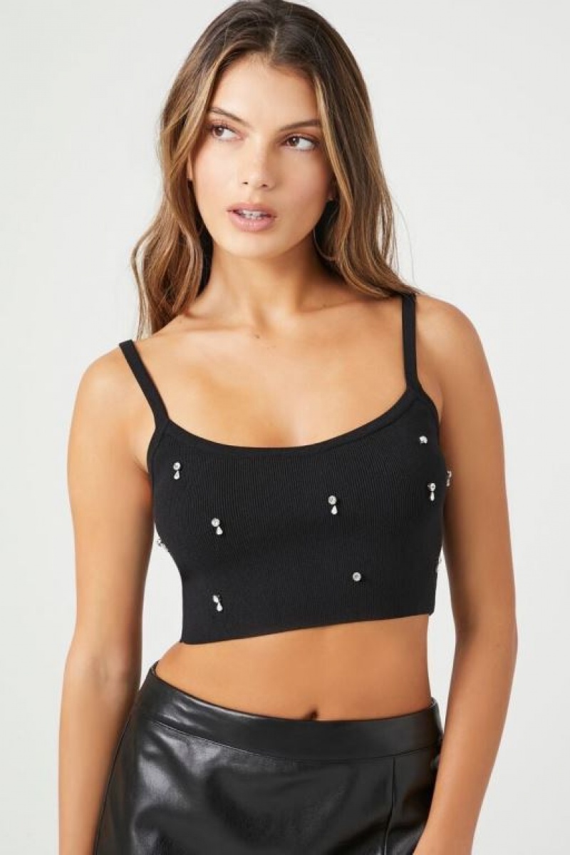 Suéteres Forever 21 Knit Rhinestone Cropped Cami Mujer Negras | DoI9UdJ9qrF