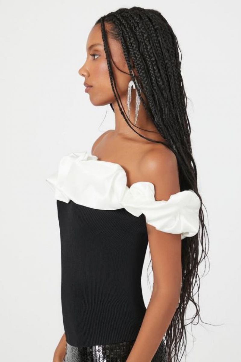 Suéteres Forever 21 Knit Ruffle Trim Mujer Negras Blancas | zVNVCsLB0YP