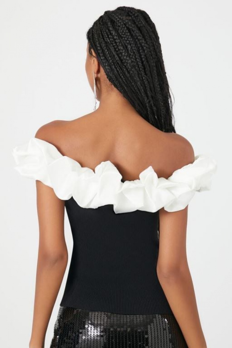 Suéteres Forever 21 Knit Ruffle Trim Mujer Negras Blancas | zVNVCsLB0YP