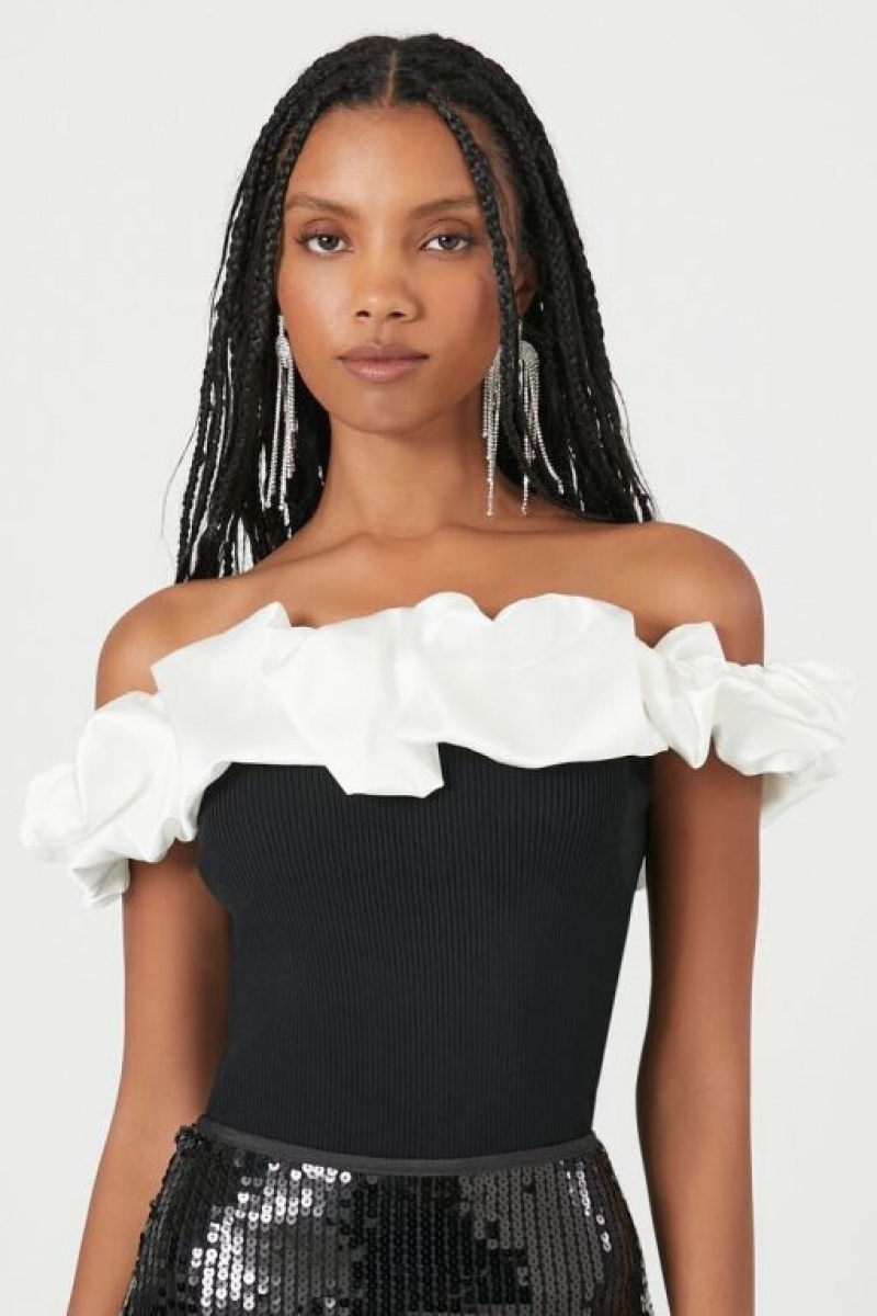 Suéteres Forever 21 Knit Ruffle Trim Mujer Negras Blancas | zVNVCsLB0YP