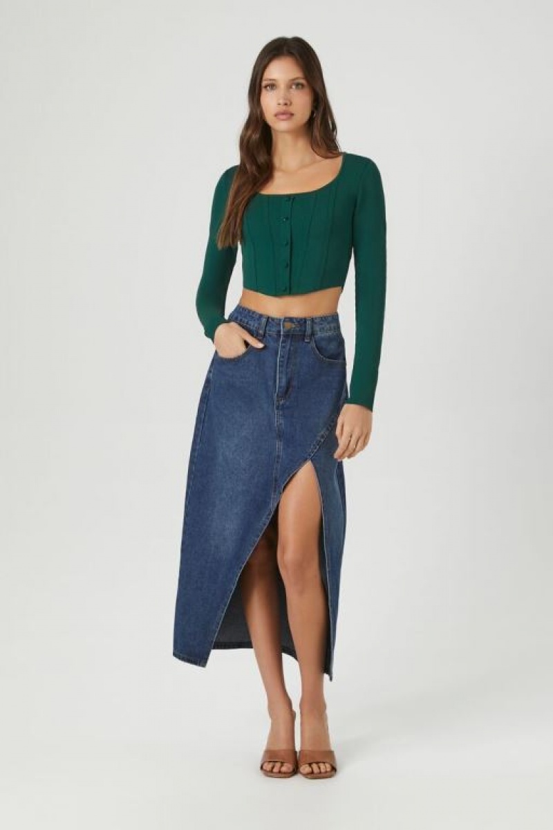 Suéteres Forever 21 Knit Seam Crop Mujer Turquesa | hZm4rIpIX6j