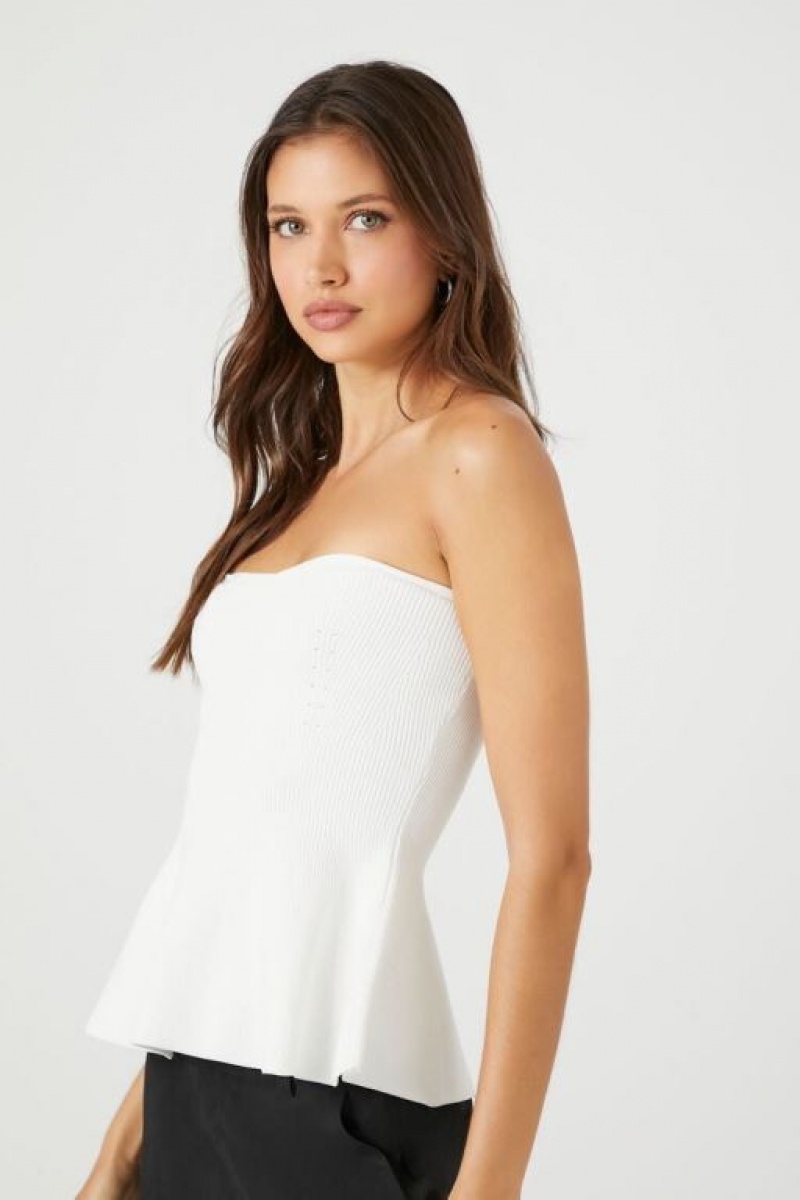 Suéteres Forever 21 Knit Strapless Peplum Mujer Blancas | BCkuWSvf9cZ