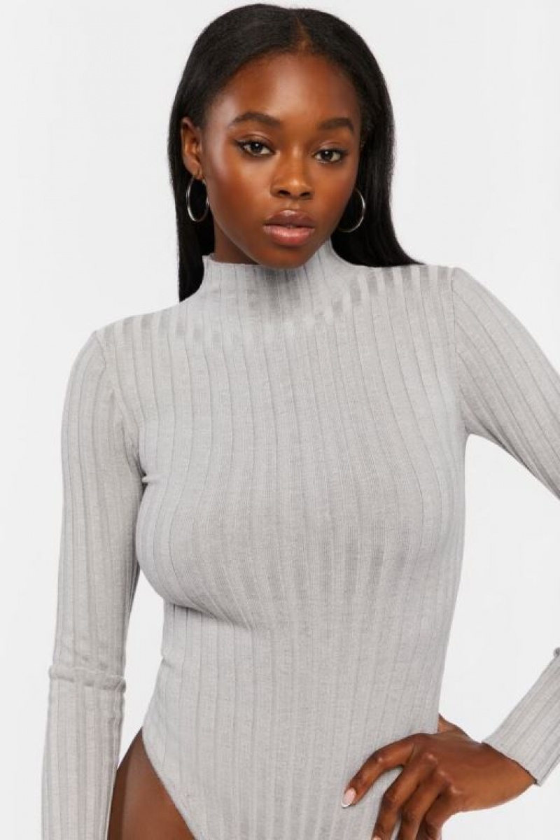 Suéteres Forever 21 Lettuce Edge Mock Neck Bodysuit Mujer Gris | lJyhaKvc2th