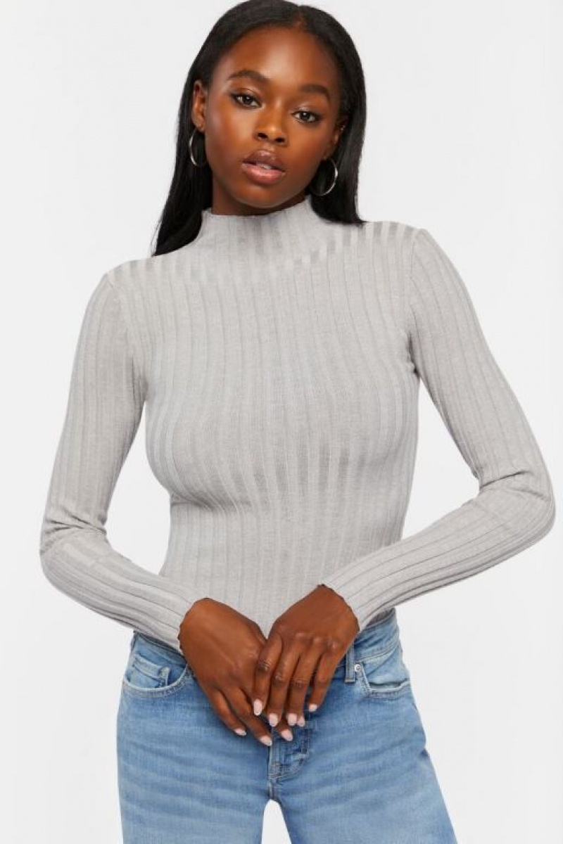 Suéteres Forever 21 Lettuce Edge Mock Neck Bodysuit Mujer Gris | lJyhaKvc2th