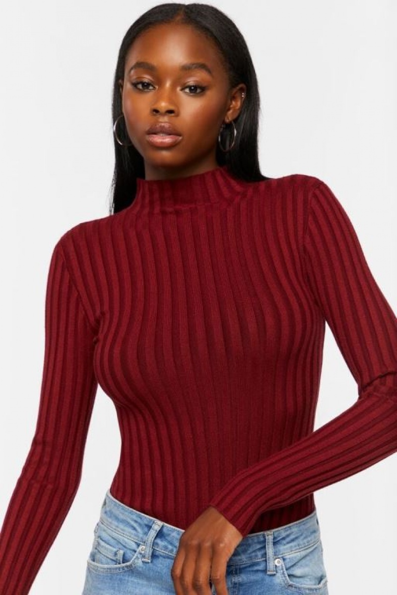 Suéteres Forever 21 Lettuce Edge Mock Neck Bodysuit Mujer Burdeos | grXJaewvPEV