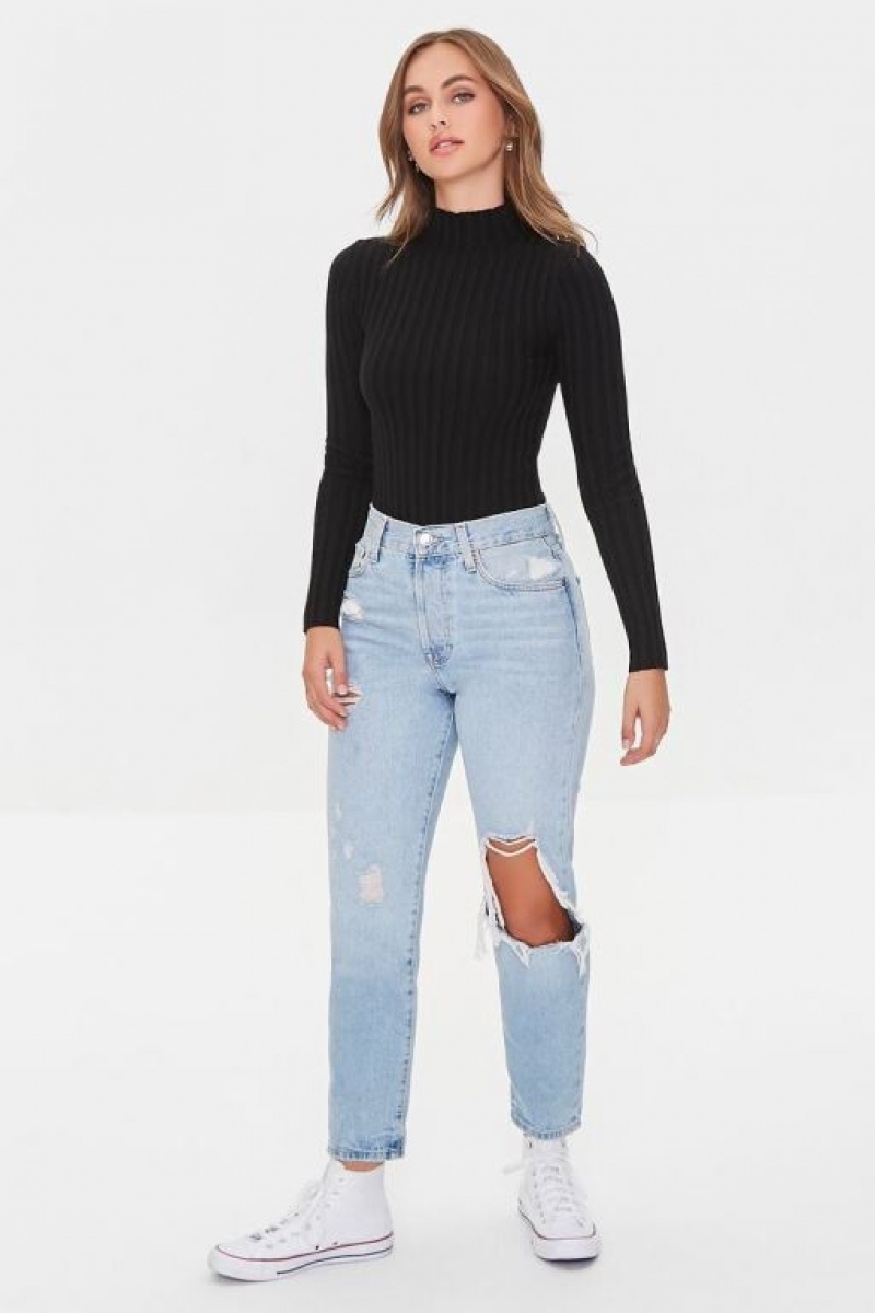 Suéteres Forever 21 Lettuce Edge Mock Neck Bodysuit Mujer Negras | j2yPXPC7uAJ