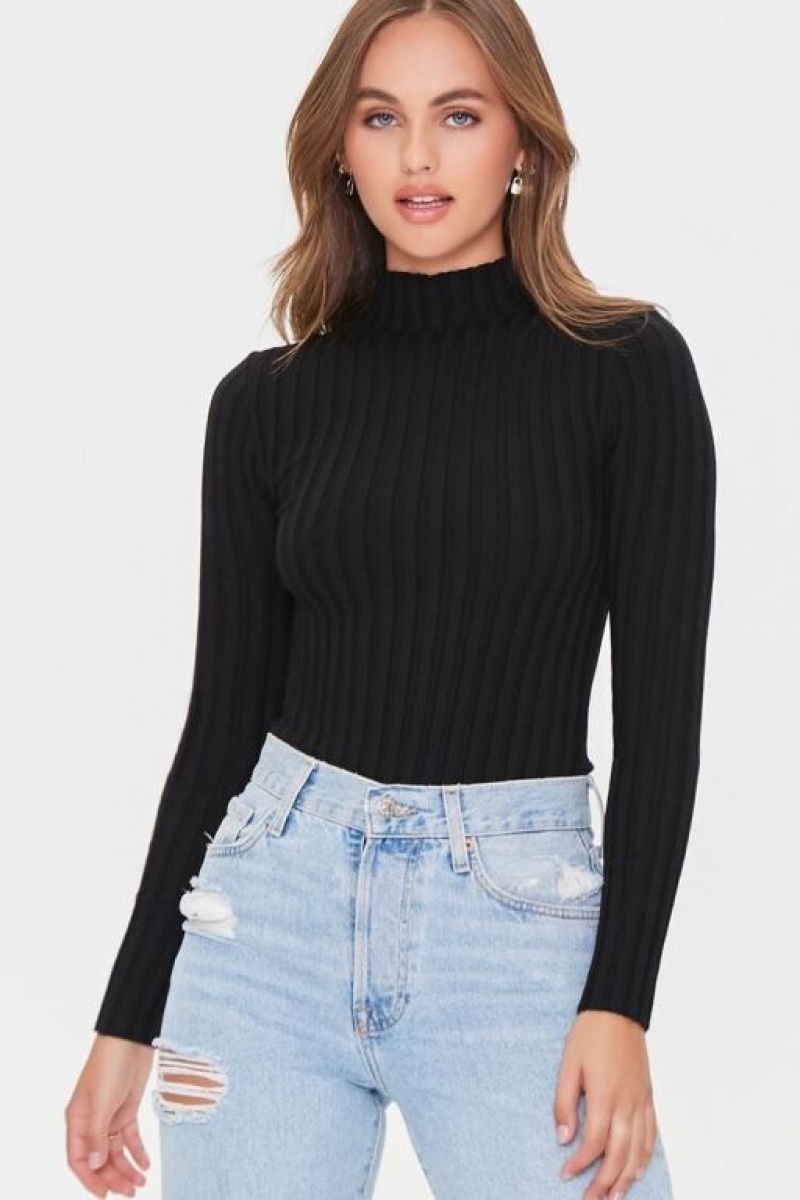 Suéteres Forever 21 Lettuce Edge Mock Neck Bodysuit Mujer Negras | j2yPXPC7uAJ