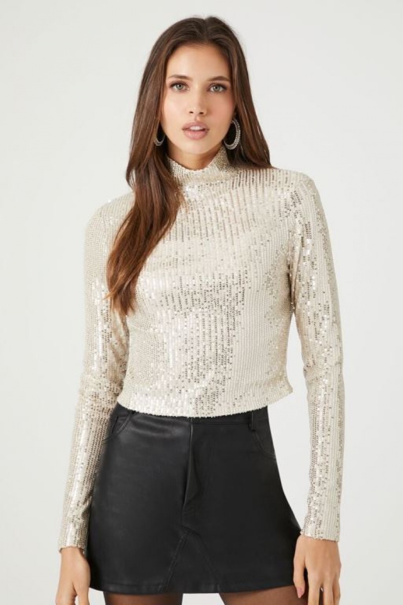 Suéteres Forever 21 Metallic Mock Neck Mujer Champagne | Nz17pvNVG0l