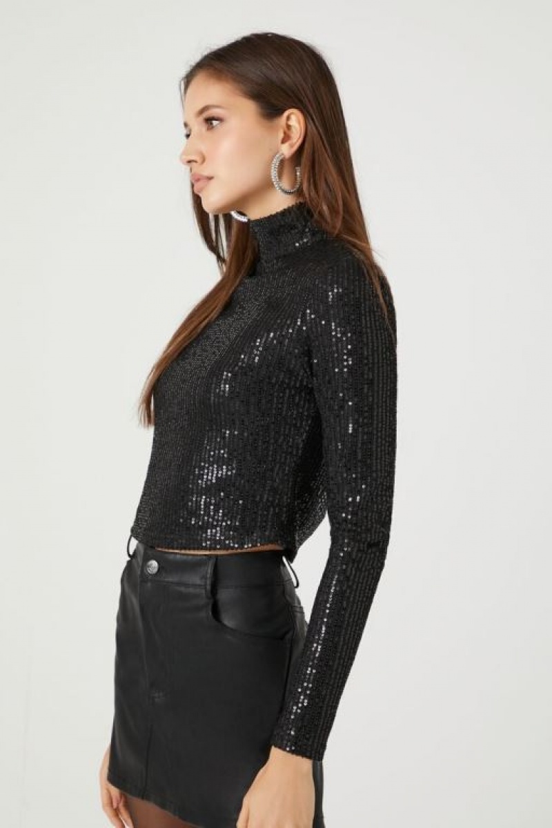 Suéteres Forever 21 Metallic Mock Neck Mujer Negras | 1fah2S4xwgt