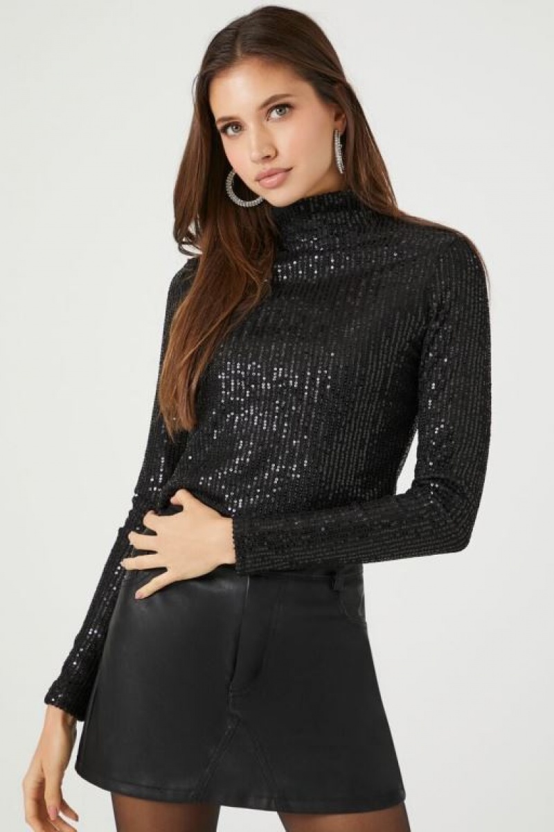 Suéteres Forever 21 Metallic Mock Neck Mujer Negras | 1fah2S4xwgt