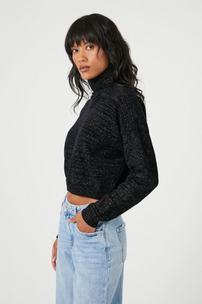 Suéteres Forever 21 Metallic Turtleneck Cropped Mujer Negras | ITFnRY1PgZW